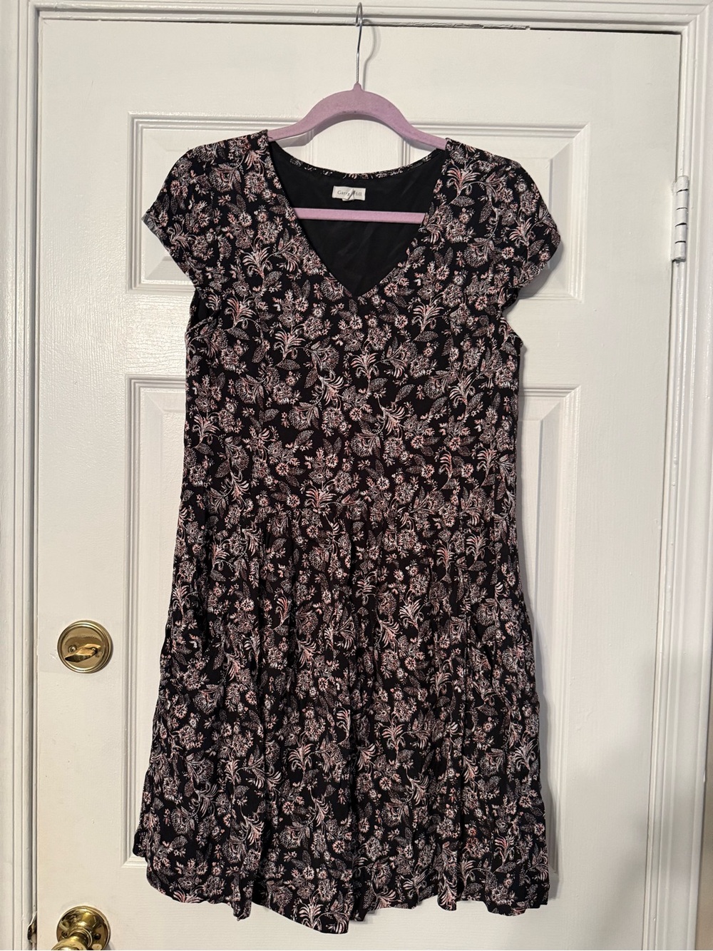 Garnet Hill Black Dress with Pink Floral Print